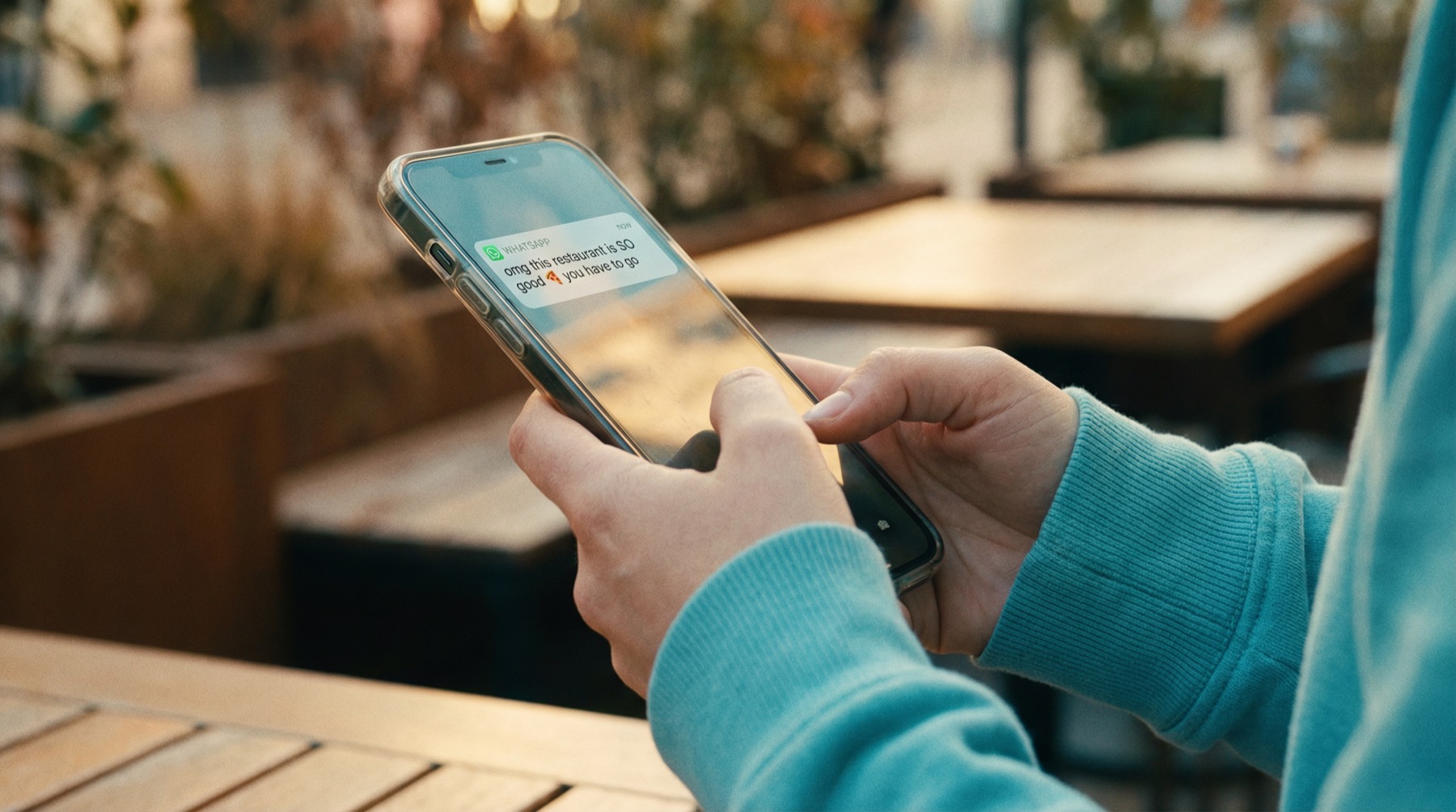 Una persona en una terraza recibe en WhatsApp la recomendación de un restaurante